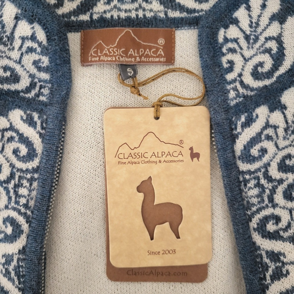 Classic Alpaca Womens S NWT Nordic Fair Isle Baby Alpaca Zip Cardigan Blue - Picture 3 of 10